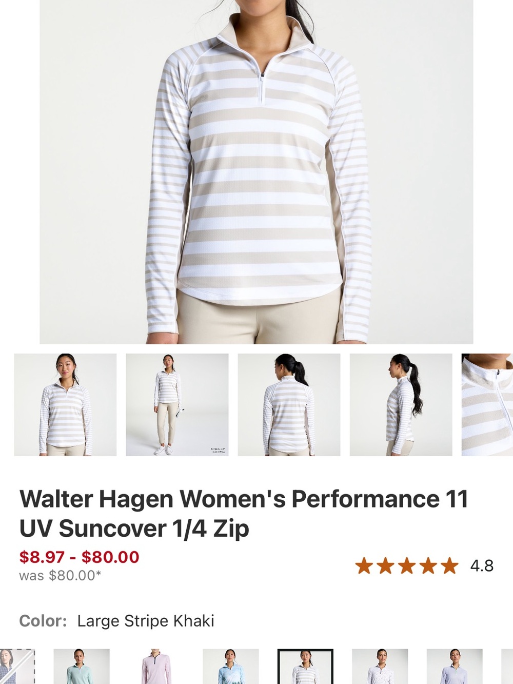 Walter Hagen Women's Khaki and White Striped 1/4 Zip Pullover